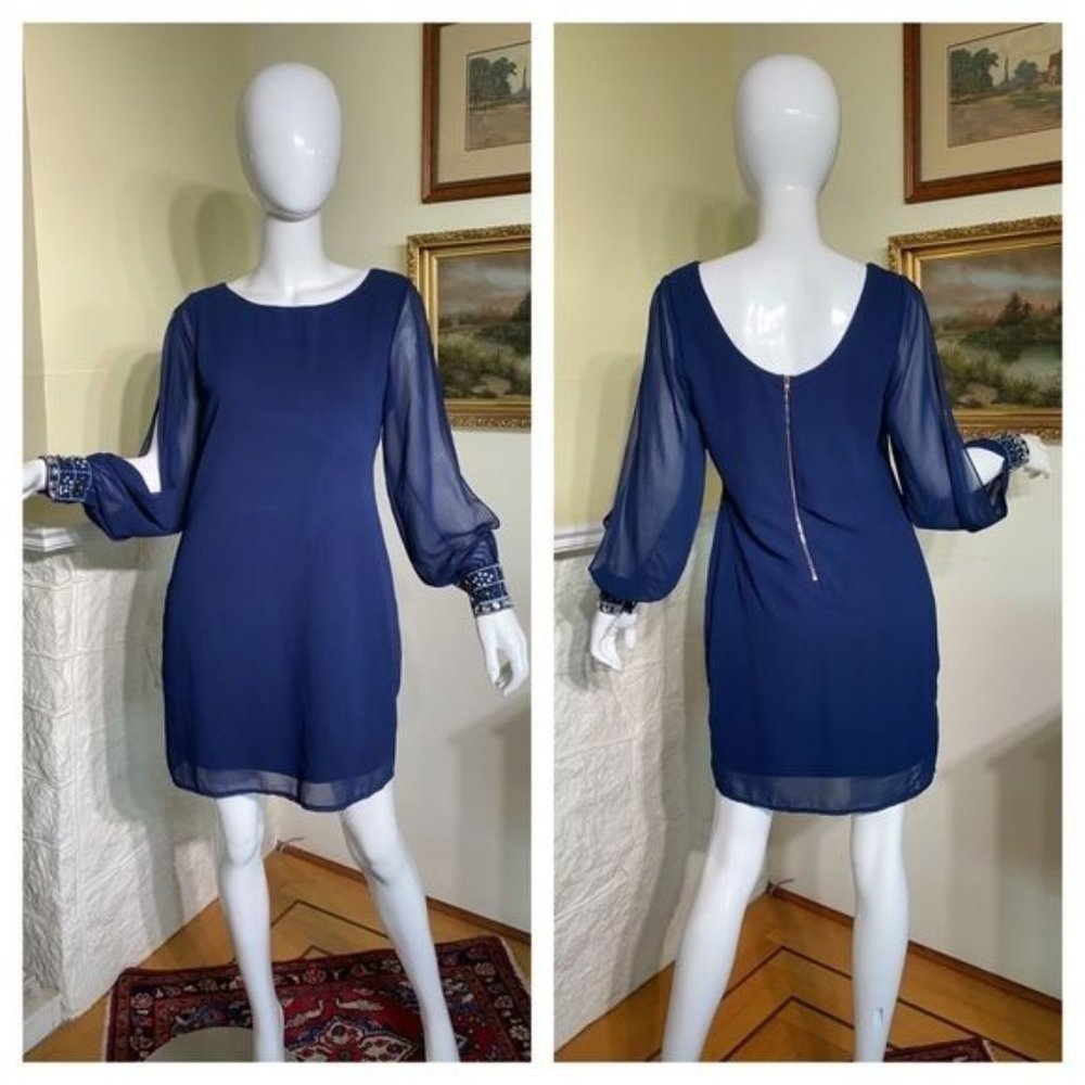 Brigitte?Bailey Blue Chiffon Slit Sleeve Rhinestone Cuff Mini Cocktail Dress